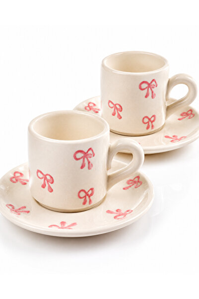 Aşkana Handmade Ceramic Turkish Coffee Cup Set, 2 Person-4 Piece Cup Set, 75 ml