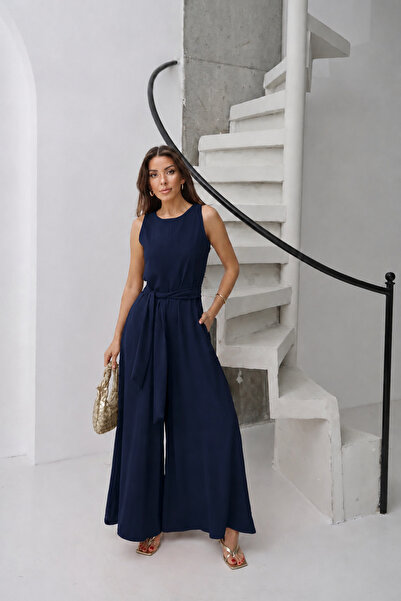 Butik Lacivert Ayrobin Kumaş Kuşaklı Gizli Fermuarlı Bol Paça Tulum