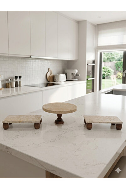 Trend Silver Natural Travertine Round Presentation Stand with Wooden Legs (25...