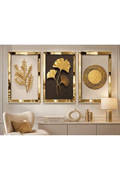 Lumcent Premium MDF UV Baskı Gold Aynalı Pleksi Çerçeveli 3 Parça Modern Duva...