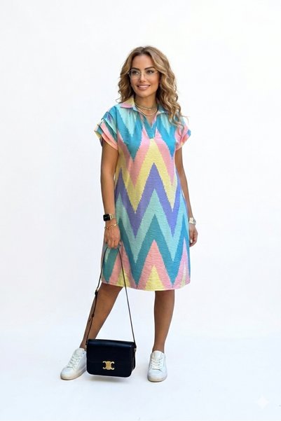LOS FECHKA Women's Polo Neck Geometric Patterned Sleeve Drawstring Detailed Linen Dress