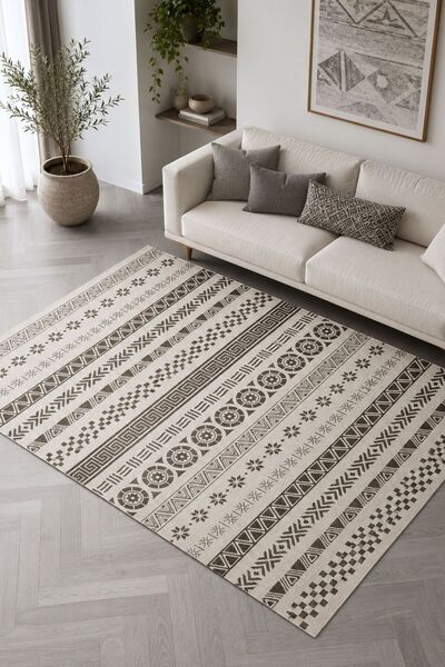 Oriente Home Talya Serisi Antrasit Krem Yıkanabilir Kaymaz Taban Şönil Salon ...