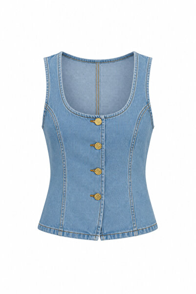 HAZELANNA Gold Düğmeli Açık Mavi Denim Yelek