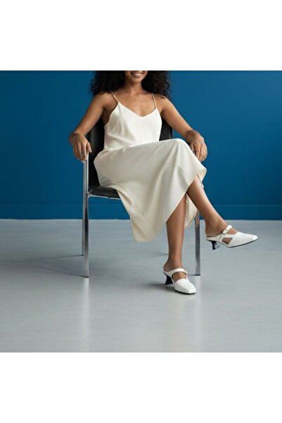 NE&VE SHOES White Leather Buckle Women's Square Toe Open Back Heeled Shoes