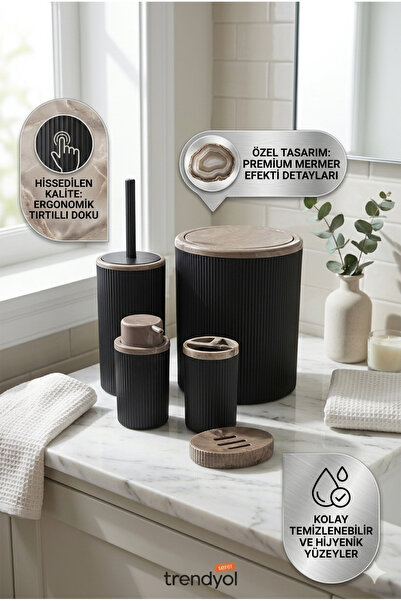 Homerest Lüks Siyah Bohem Banyo Seti 5 Parça Ahşap Detaylı Çöp Kovası Fırçalı...