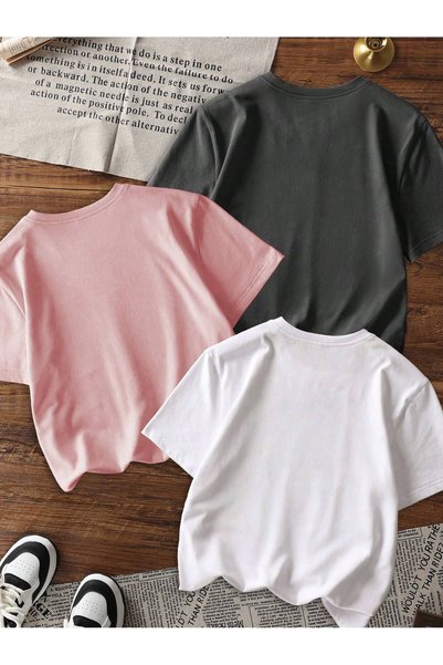 SVART WEAR Printed Black - White - Pink 3-Piece Children's T-Shirt 100% Cotton Short Sleeve Knitted Crew Neck