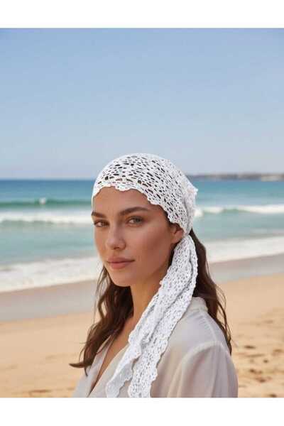 MODA BEYAZ ÇİÇEKLİ ÜÇGEN BANDANA-BEL AKSESUARI