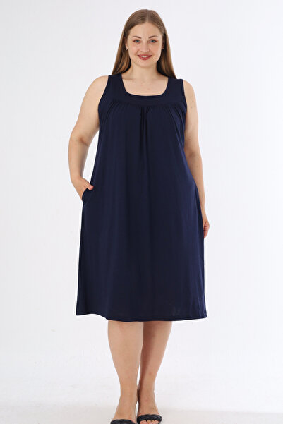 İntensive Women's Plus Size Navy Blue Cotton Strap Dress with Pockets