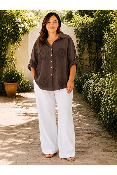Butik Şans Women's Daisy Embroidered Oversize Italian Shirt