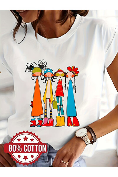 121 Women's Print T-Shirt - Colorful Abstract Design with Fun Characters, Sho...