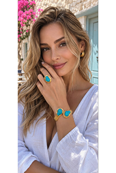 Marca Accessories Doğal Taş Görünümlü Altın Kaplama Yüzük & Bileklik Seti