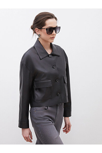 LC Waikiki Black Shirt Collar Women's Leather Look Jacket