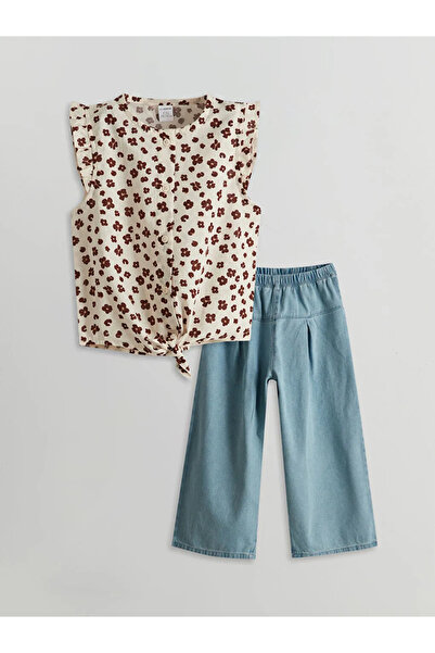 LC Waikiki Beige Floral Girl's Shirt and Pants 2-Piece Set