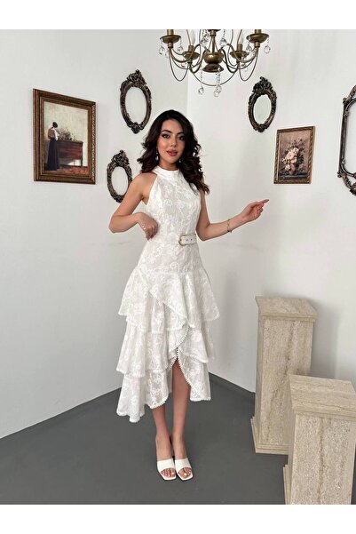Julidress Rochie din bumbac premium, cu broderie, talie brodată și volane în ...