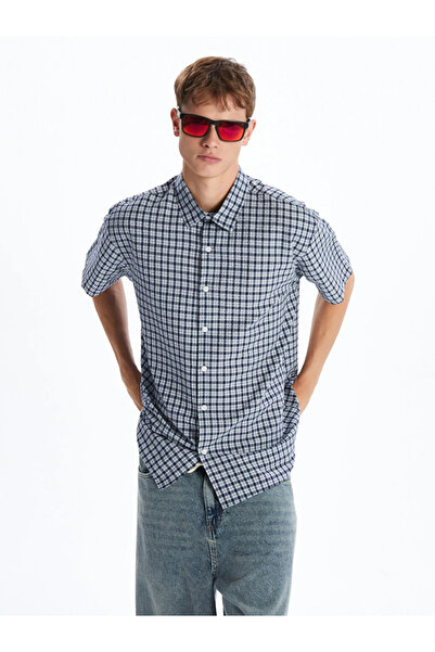 LC Waikiki Blue Comfortable Fit Short Sleeve Plaid Men's Shirt
