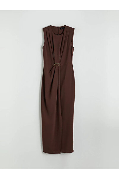 LC Waikiki Brown Crew Neck Gathered Crepe Dress