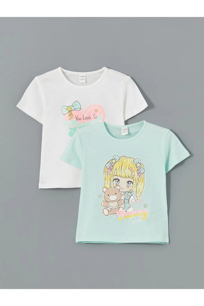 LC Waikiki Turquoise Anime Printed Bow Girl's T-Shirt 2 Pack