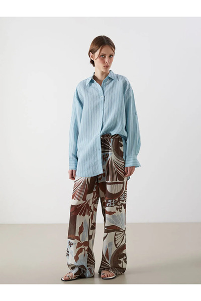 LC Waikiki Blue Elastic Waist Patterned Wide Leg Women's Trousers