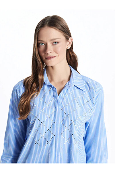 LC Waikiki Blue Shiny Stone Poplin Women's Shirt Tunic