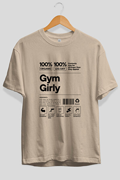 Ankhises Gym Girly Oversize Front Printed Beige T-Shirt 100% Cotton Streetwea...