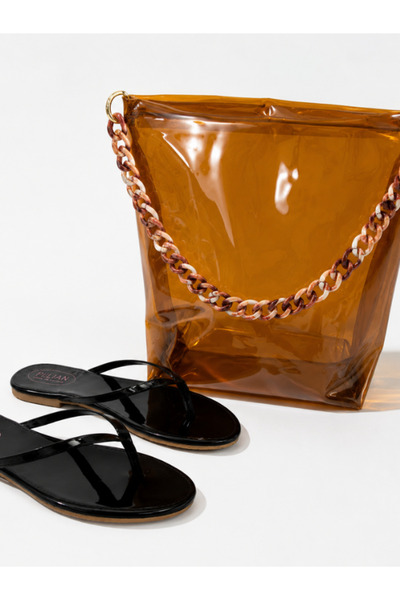 Fulian Women's Black Flip-Flops & Large Transparent Beach Bag Set – Summer Se...