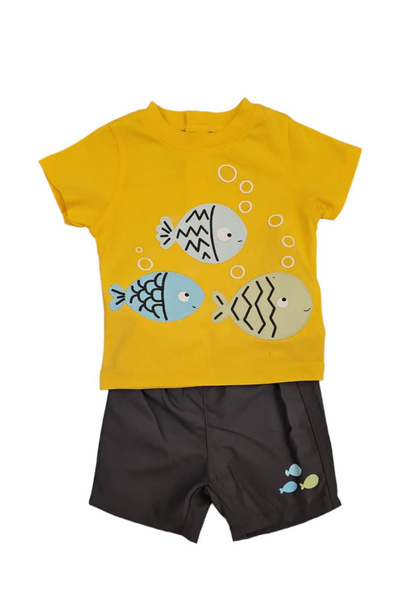 OEM Set 2 piese pentru copii, tricou cu pantaloni scurti, galben-gri, imprime...