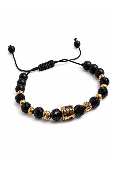 Aur 585 Brățară unisex reglabilă cu onix negru și aur galben 14k, model grece...
