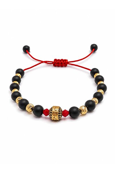Aur 585 Brățară unisex reglabilă pe șnur roșu cu aur galben 14k, onix și char...