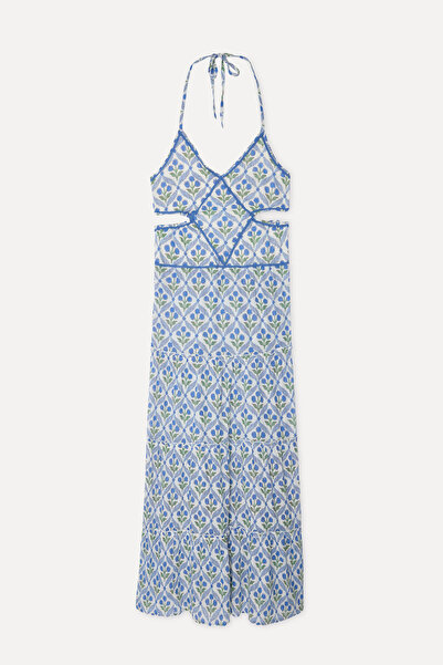 Mudo Women's Blue Floral Patterned Sleeveless Long Dress