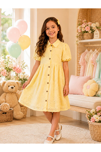 Minimio Kids Girl's Yellow Scallop Dress Shirt Collar Buttoned Balloon Sleeve...
