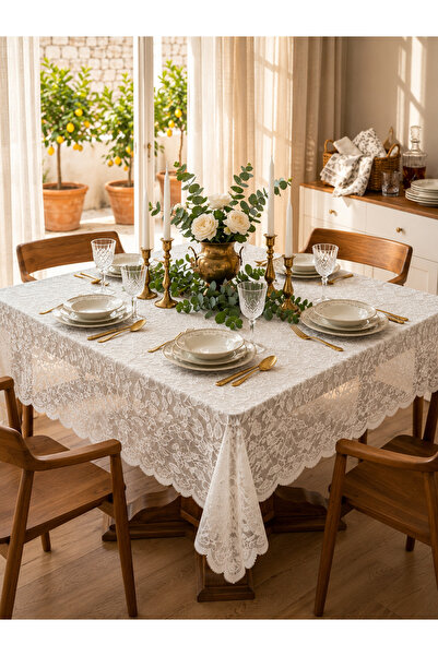 English Home مفرش طاولة طعام من سلسلة بريميوم بحواف دانتيل لـ 6-8 أشخاص (150x...