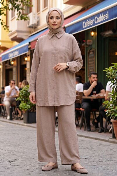 Genel Markalar Kadın Vizon İkili Tesettür Takım Oversize Gömlek Pantolon Raha...