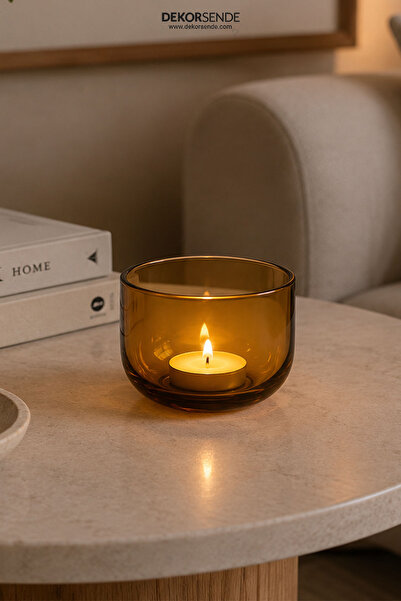 Dekorsende Kalın Cam Tealight Mumluk Amber 6 cm