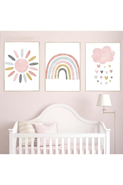ESSESORIES Nursery Pink Sunshine Rainbow Cloud Child Aesthetic Poster Wall Ar...