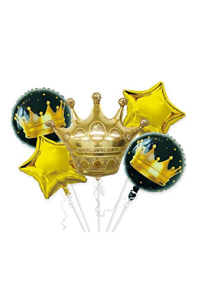 MP Mirific Party Set de 5 baloane metalice, figură coroană, negru și auriu