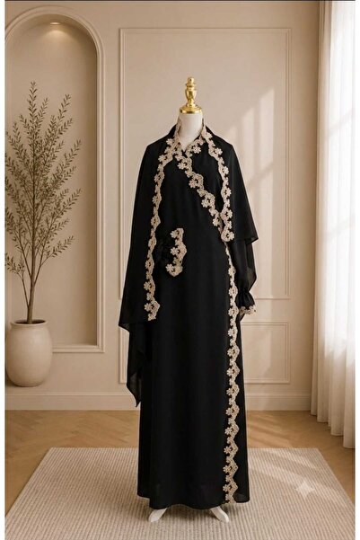 ECEM NAMAZ ELBİSESİ KREP FRANSIZ GOLD DANTEL