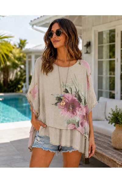 Butik Şans Women's Floral Patterned Oversize Italian Blouse with Necklace Detail