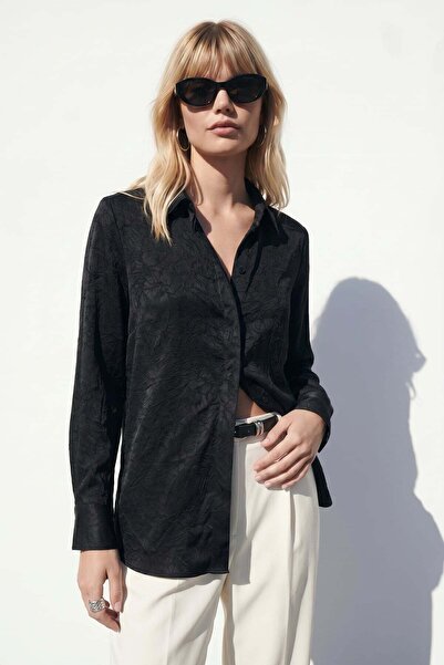 Sateen Hidden Placket Shirt - Black