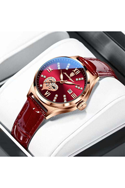 POEDAGAR Luxury Women's Rose Gold Quartz Watch – Elegant Red Leather Strap