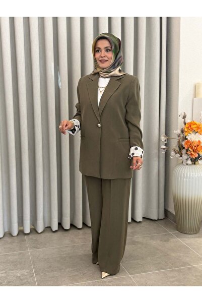 Tığ Triko PUANTİYE DETAYLI BLAZER CEKET PANTOLONLU TAKIM HAKİ