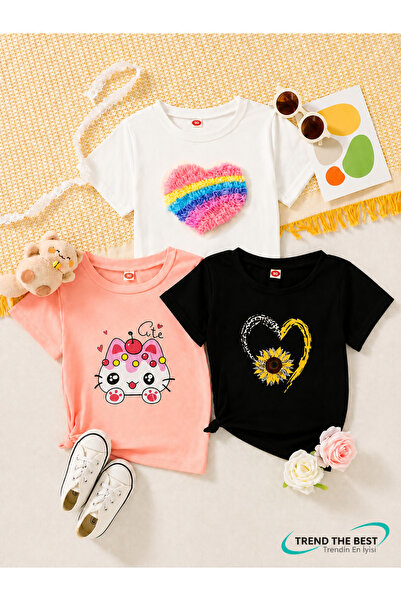 TREND THE BEST Trendin En İyisi Set de tricouri din 3 piese pentru fete, cu i...