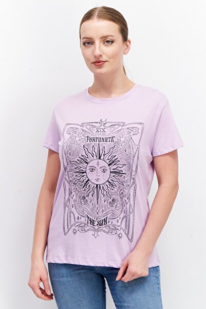 Cropp Women Round Neck Short Sleeve Graphic Print T Shirt, Purple Combo