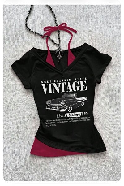 Köstebek Vintage Modern Life Y2K Short Sleeve Blouse with Additional Strap