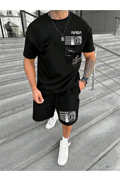 JANTIL MODA طقم تي شيرت وشورت أساسي كبير الحجم للرجال 👕 🩳