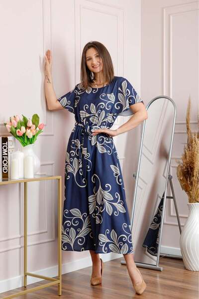 OEM Rochie dama bleumarin Artemis cu imprimeu floral si cordon in talie