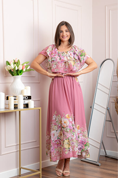 OEM Rochie eleganta lunga Ayana cu imprimeri florale si volane ample - Roz pu...