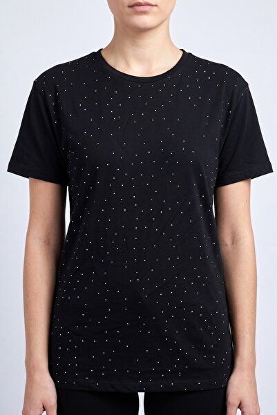 hadiora Women's Black Crew Neck Stoned Combed Cotton T-Shirt