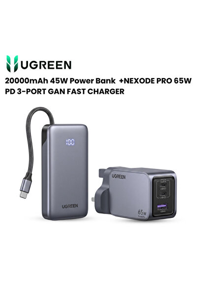 Ugreen 20000mAh 45W Power Bank with Built-in Cable + Nexode Pro 65W GaN Charg...