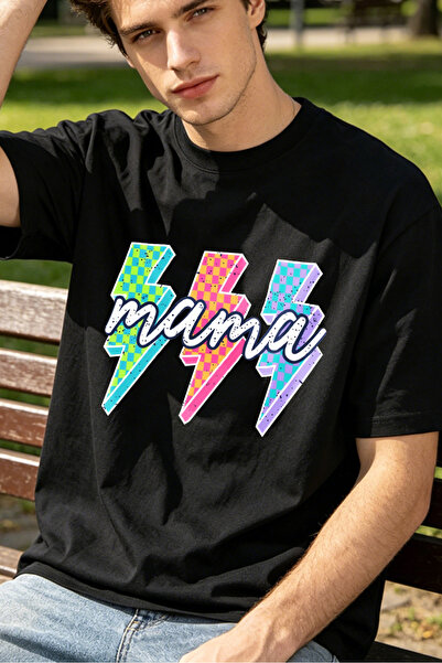 Fleck Retro Neon Lightning Bolt Design T Shirts For Men Mama Text Personalize...