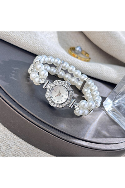 Choice Silver New Elegant Pearl Diamond-Encrusted Elastic Band Watch Vintage ...